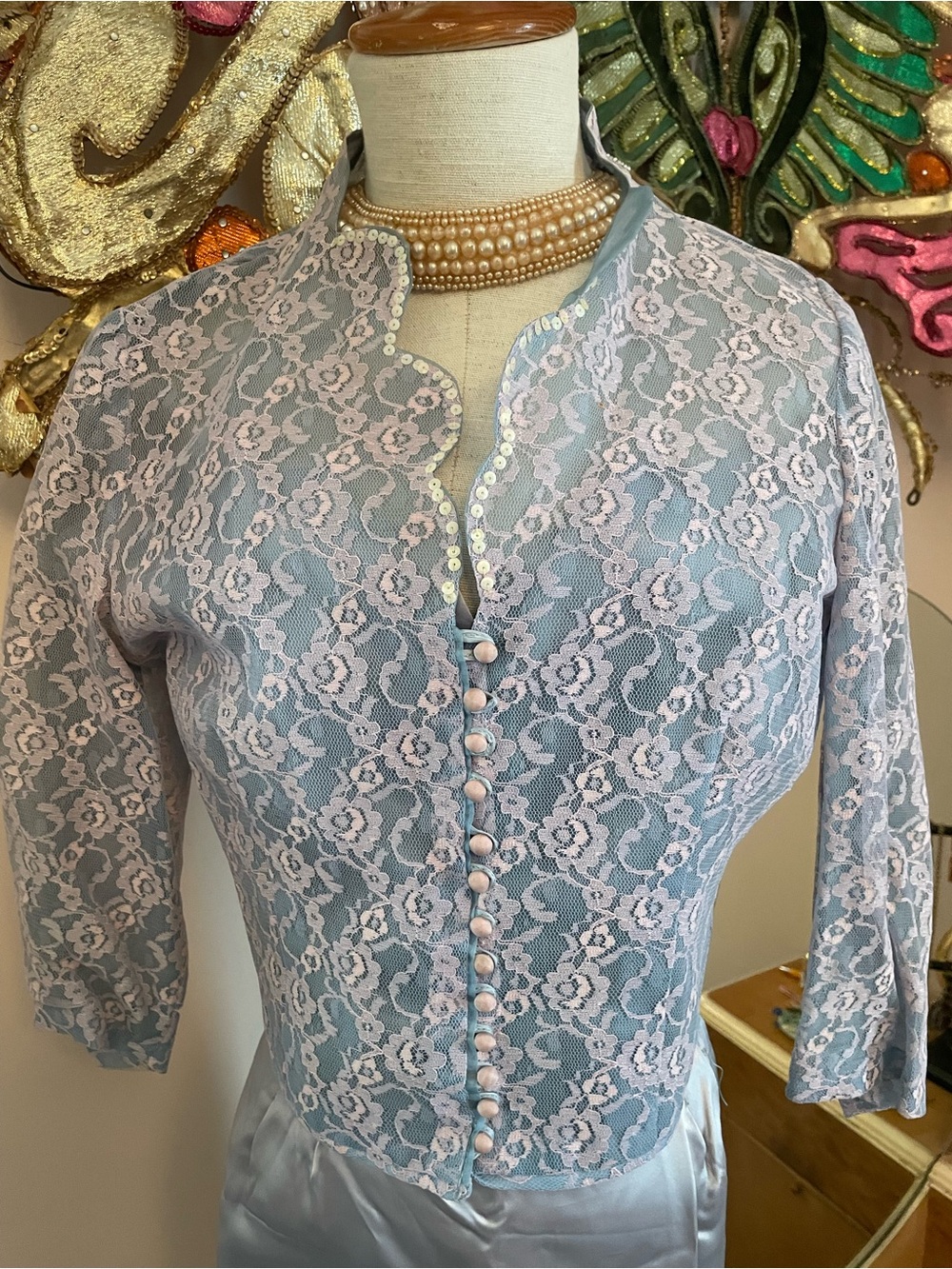 1950s Dusty Blue Lace Button-Front Bolero Jacket w Sequin Scalloped Neckline